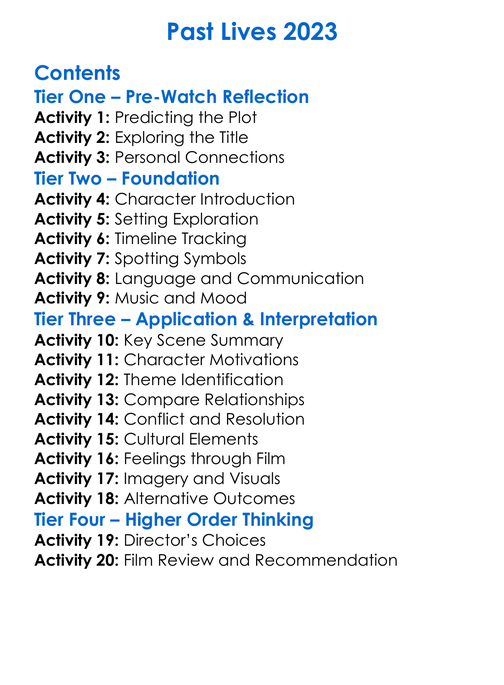 Past Lives 2023 Worksheet Activity Booklet