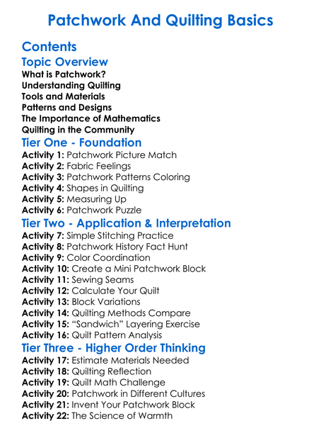 Patchwork And Quilting Basics Worksheet Activity Booklet