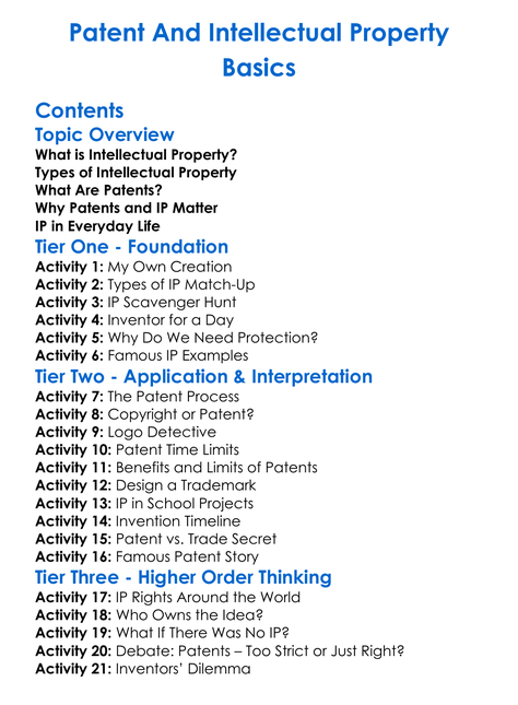 Patent And Intellectual Property Basics Worksheet Activity Booklet