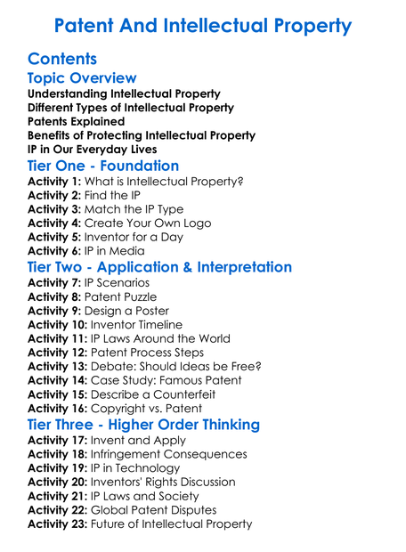 Patent And Intellectual Property Worksheet Activity Booklet
