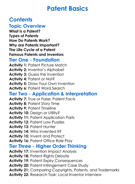 Patent Basics Worksheet Activity Booklet