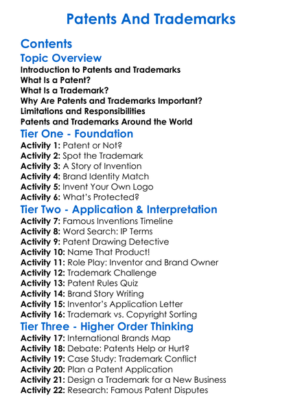 Patents And Trademarks Worksheet Activity Booklet