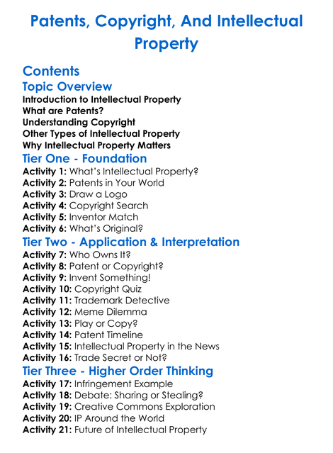 Patents Copyright And Intellectual Property Worksheet Activity Booklet
