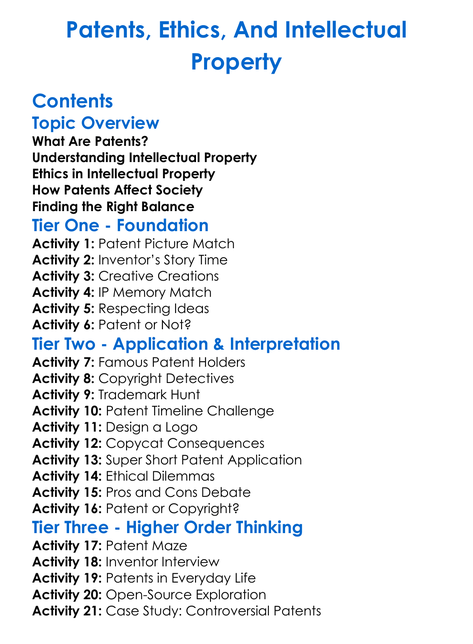 Patents Ethics And Intellectual Property Worksheet Activity Booklet