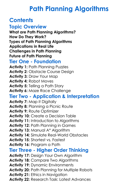 Path Planning Algorithms Worksheet Activity Booklet