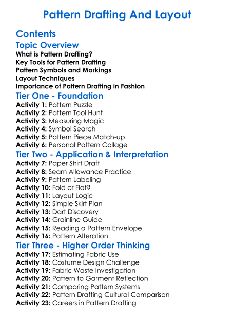 Pattern Drafting And Layout Worksheet Activity Booklet