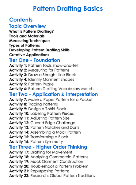 Pattern Drafting Basics Worksheet Activity Booklet
