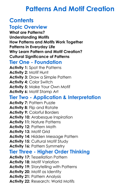 Patterns And Motif Creation Worksheet Activity Booklet