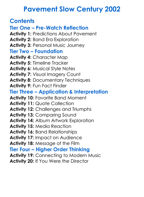Pavement Slow Century 2002 Worksheet Activity Booklet