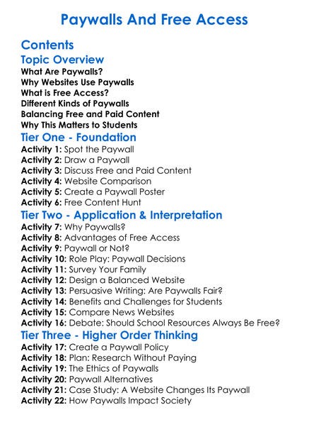 Paywalls And Free Access Worksheet Activity Booklet