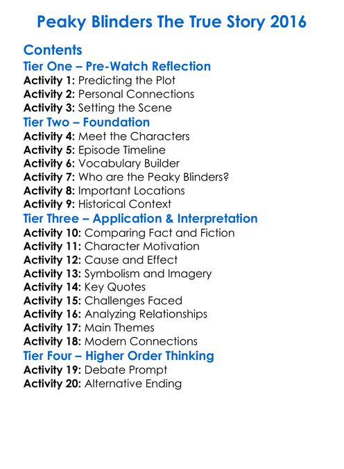 Peaky Blinders The True Story 2016 Worksheet Activity Booklet