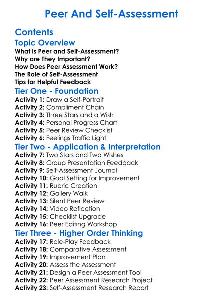 Peer And Self-Assessment Worksheet Activity Booklet