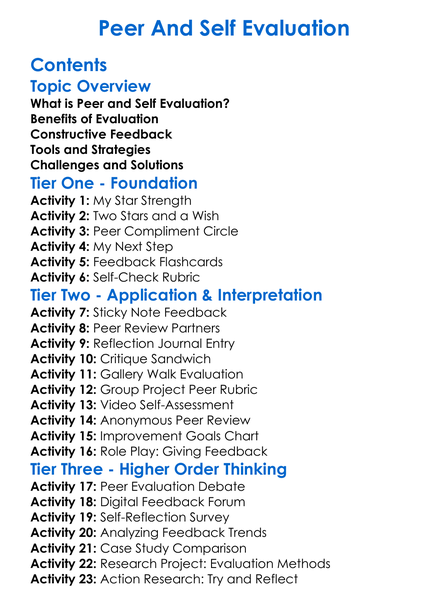 Peer And Self Evaluation Worksheet Activity Booklet