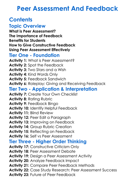 Peer Assessment And Feedback Worksheet Activity Booklet
