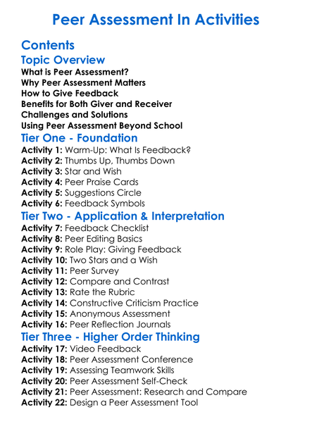 Peer Assessment In Activities Worksheet Activity Booklet
