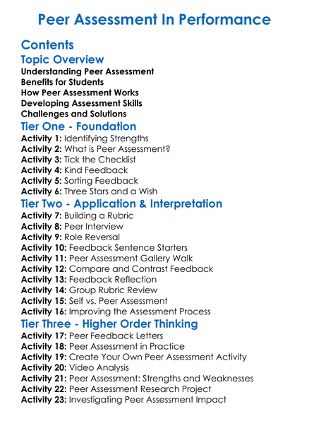 Peer Assessment In Performance Worksheet Activity Booklet