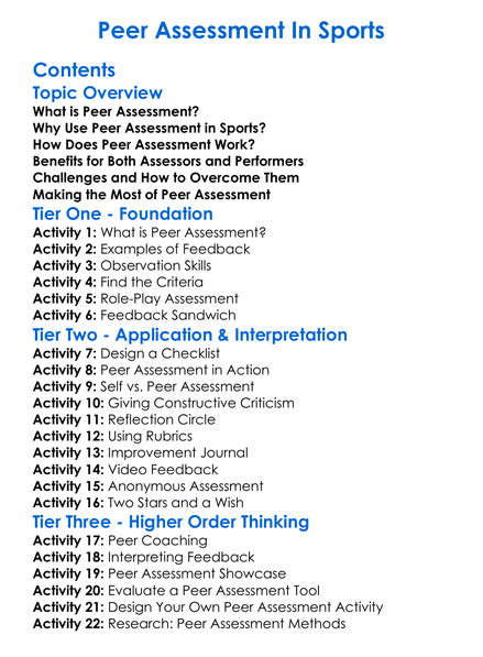 Peer Assessment In Sports Worksheet Activity Booklet