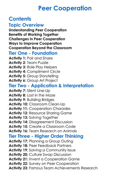 Peer Cooperation Worksheet Activity Booklet