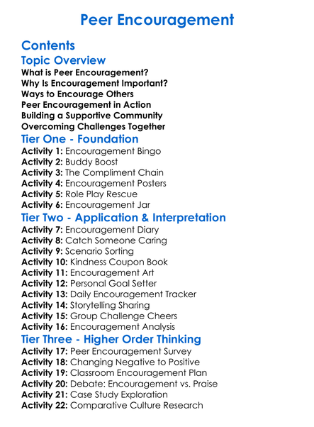 Peer Encouragement Worksheet Activity Booklet