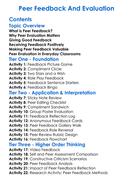 Peer Feedback And Evaluation Worksheet Activity Booklet