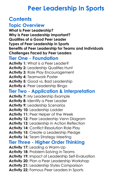 Peer Leadership In Sports Worksheet Activity Booklet