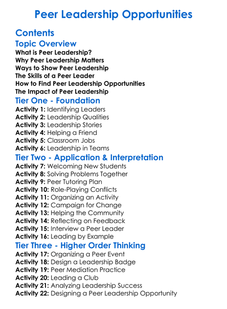Peer Leadership Opportunities Worksheet Activity Booklet