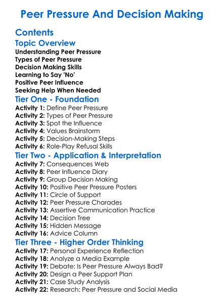 Peer Pressure And Decision Making Worksheet Activity Booklet