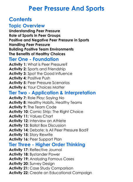 Peer Pressure And Sports Worksheet Activity Booklet