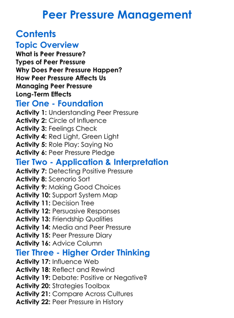 Peer Pressure Management Worksheet Activity Booklet