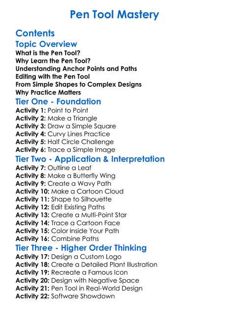 Pen Tool Mastery Worksheet Activity Booklet