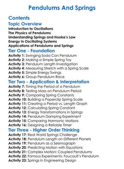 Pendulums And Springs Worksheet Activity Booklet