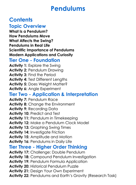 Pendulums Worksheet Activity Booklet