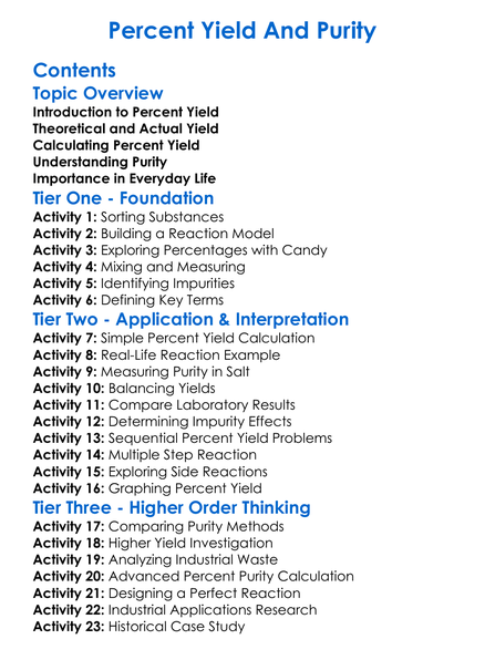 Percent Yield And Purity Worksheet Activity Booklet