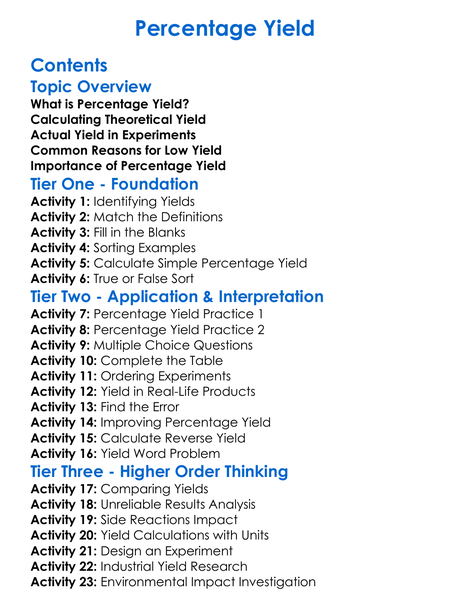 Percentage Yield Worksheet Activity Booklet