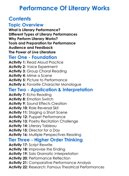 Performance Of Literary Works Worksheet Activity Booklet