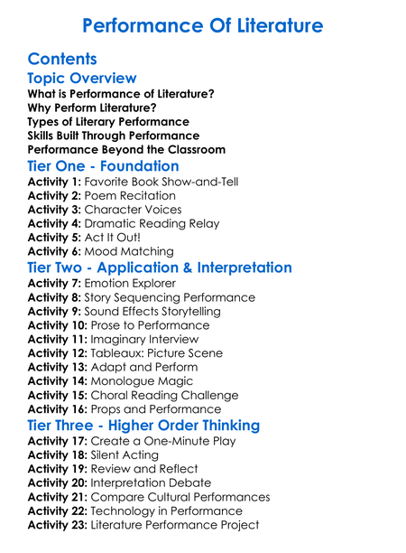 Performance Of Literature Worksheet Activity Booklet