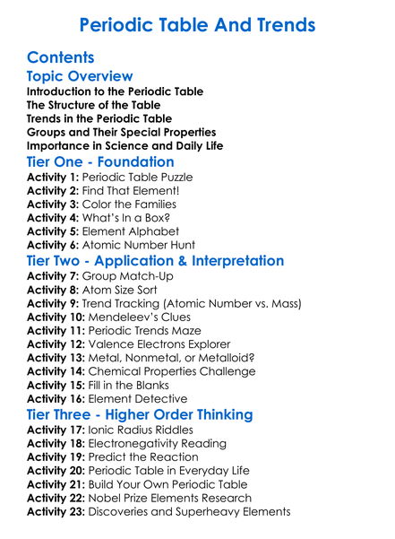 Periodic Table And Trends Worksheet Activity Booklet