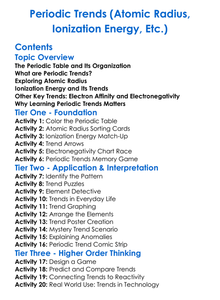 Periodic Trends Atomic Radius Ionization Energy Etc Worksheet Activity Booklet