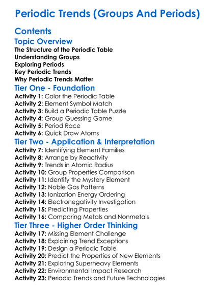 Periodic Trends Groups And Periods Worksheet Activity Booklet