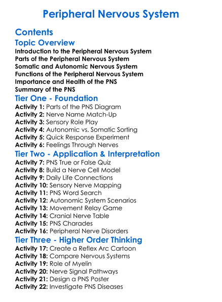 Peripheral Nervous System Worksheet Activity Booklet
