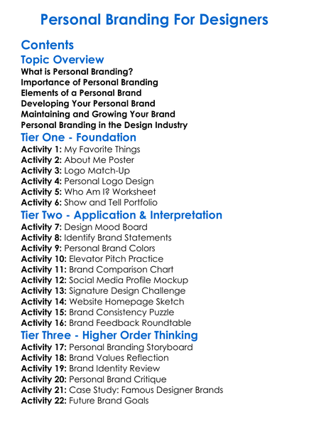 Personal Branding For Designers Worksheet Activity Booklet