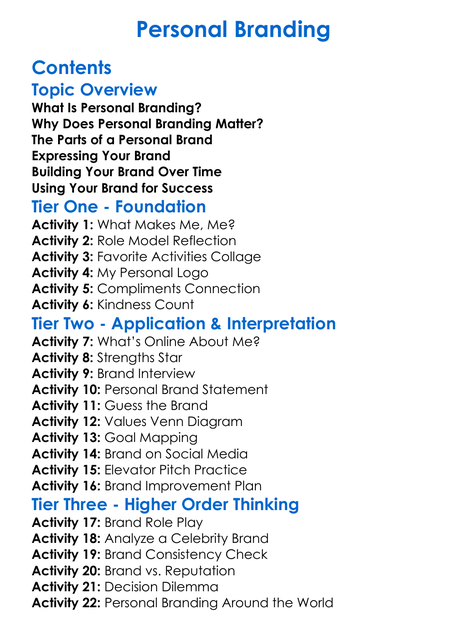 Personal Branding Worksheet Activity Booklet