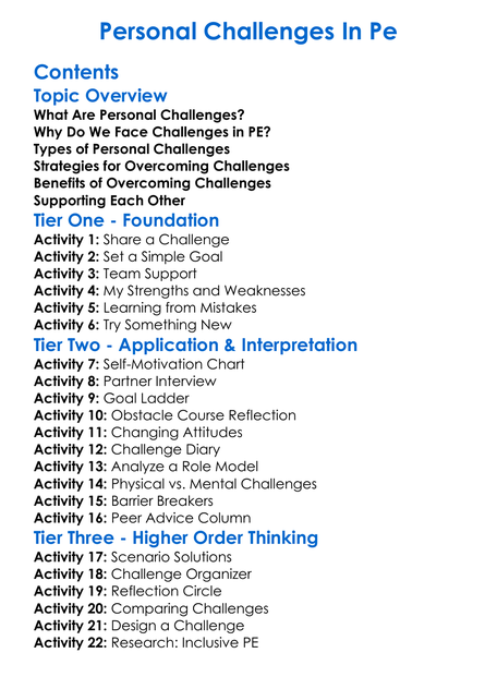 Personal Challenges In Pe Worksheet Activity Booklet