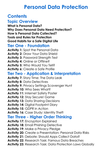 Personal Data Protection Worksheet Activity Booklet