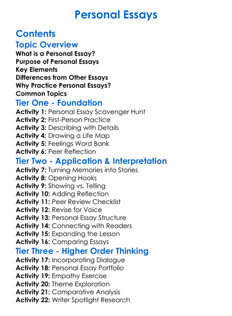 Personal Essays Worksheet Activity Booklet