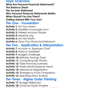 Personal Financial Statements Worksheet Activity Booklet