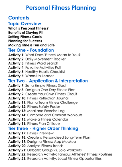 Personal Fitness Planning Worksheet Activity Booklet