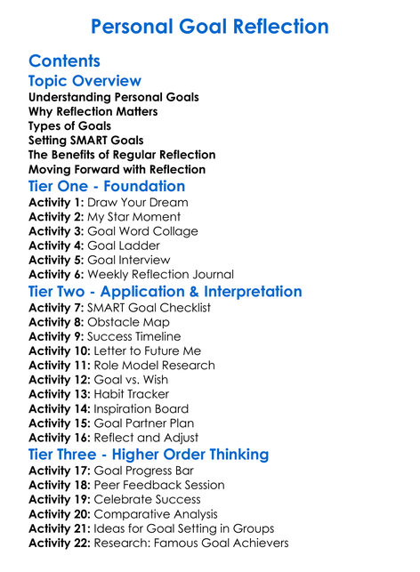 Personal Goal Reflection Worksheet Activity Booklet