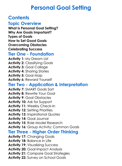 Personal Goal Setting Worksheet Activity Booklet
