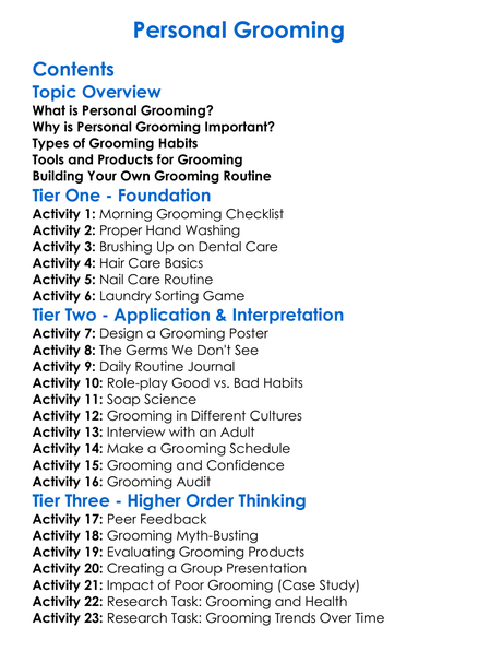Personal Grooming Worksheet Activity Booklet